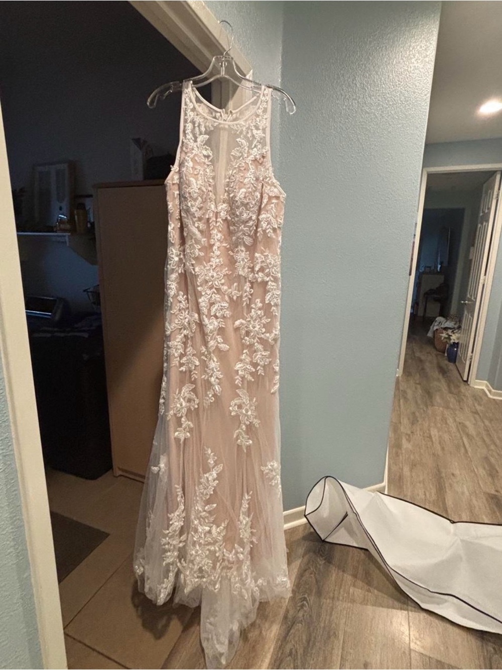 Nude with Ivory Appliqué Illusion Bodice Wedding Dress